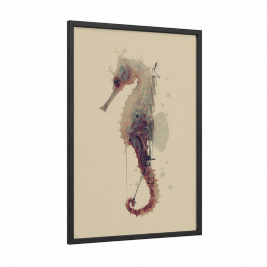 Watercolor Seahorse framed sea horse print — black wood frame — rose gold and cream palette