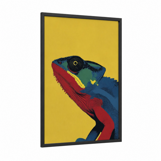 Chromatic Chameleon framed art print — black wood frame — yellow and blue palette