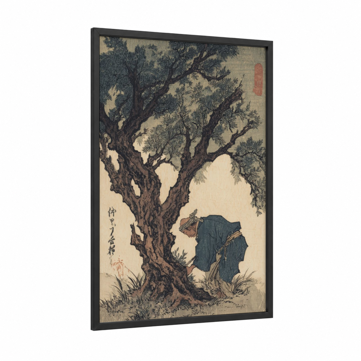 Ancient Olive Tree framed art print — black wood frame — cream and dark blue palette