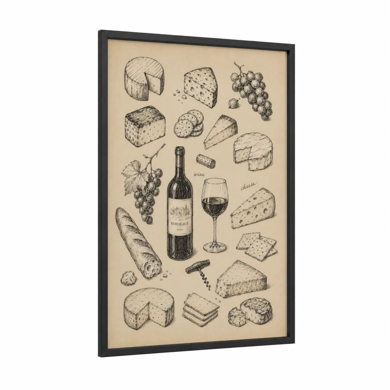 Wine and Cheese Illustration Wall Art framed art print — black wood frame — beige and cream palette