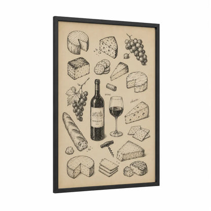 Wine and Cheese Illustration Wall Art framed art print — black wood frame — beige and cream palette