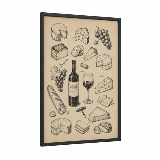 Wine and Cheese Illustration Wall Art framed art print — black wood frame — beige and cream palette