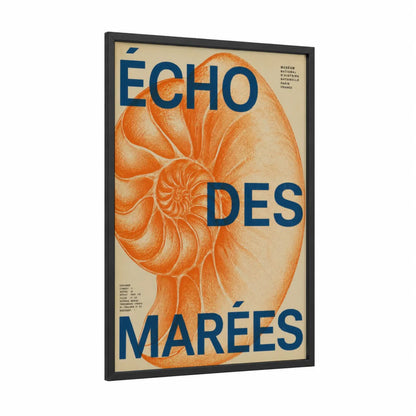 Nautilus Shell Museum Poster Wall Art framed art print — black wood frame — orange and beige palette