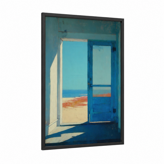 Coastal Blue Door framed art print — black wood frame — blue and gold palette