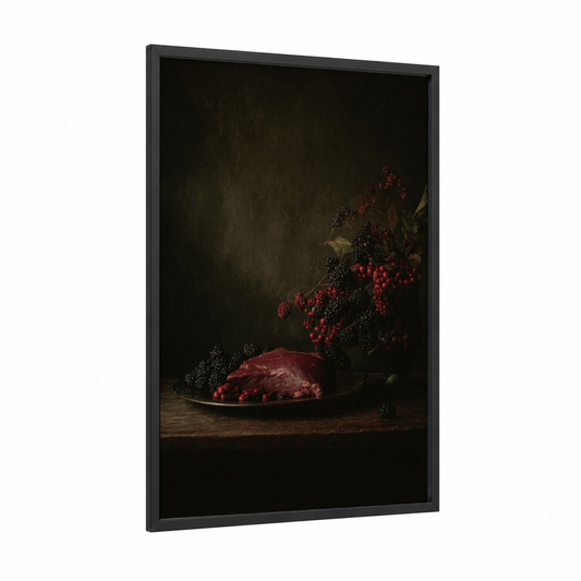 Crimson Meat Still Life framed art print — black wood frame — maroon and black palette