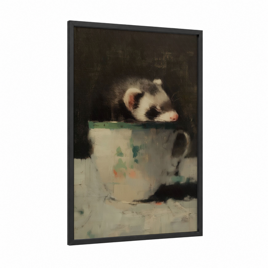 Teacup Ferret framed art print — black wood frame — cream and black and white palette