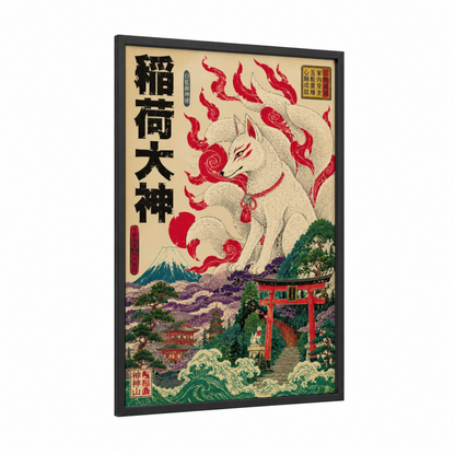 Japanese Kitsune Fox Shrine Wall Art framed art print — black wood frame — red and cream palette