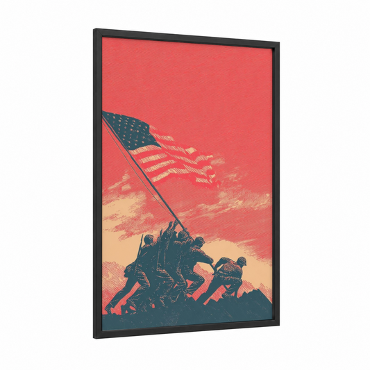 Iwo Jima Monument framed veterans day print — black wood frame — red and dark blue palette