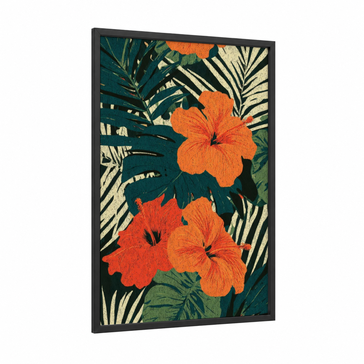 Tropical Hibiscus Summer framed art print — black wood frame — orange and teal palette