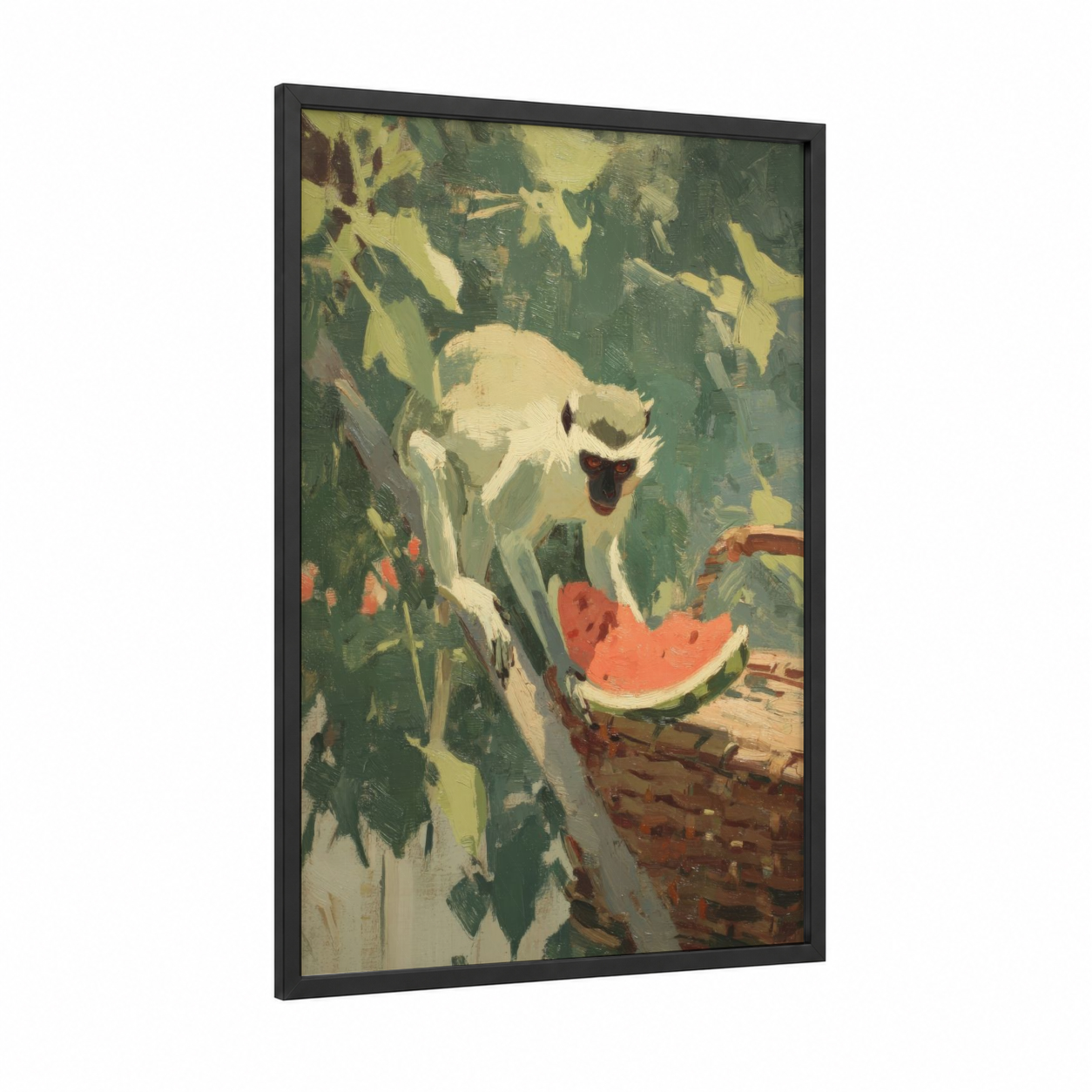 Playful Watermelon Monkey framed art print — black wood frame — green and cream palette