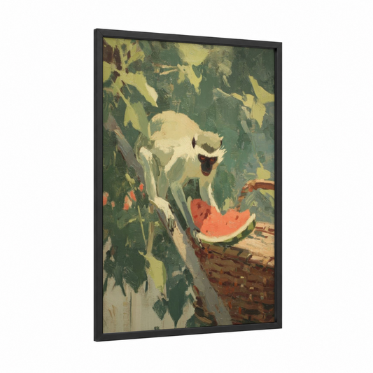 Playful Watermelon Monkey framed art print — black wood frame — green and cream palette