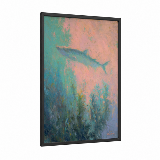 Dreaming Tarpon framed art print — black wood frame — teal and salmon pink palette