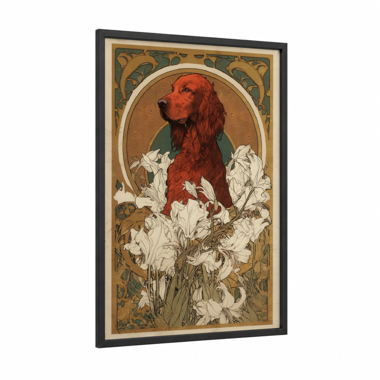 Noble Setter Portrait framed art print — black wood frame — gold palette