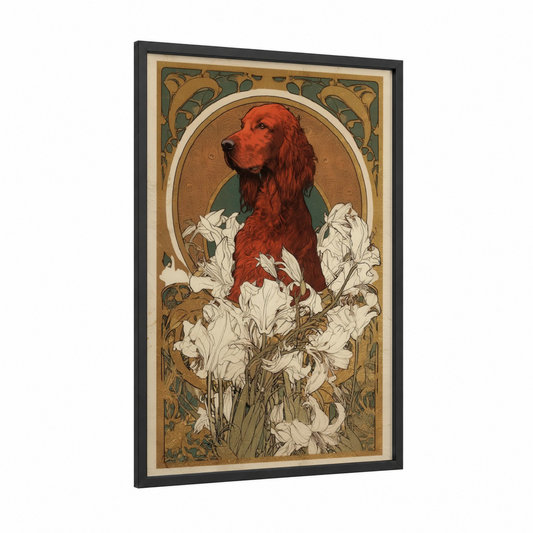 Noble Setter Portrait framed art print — black wood frame — gold palette