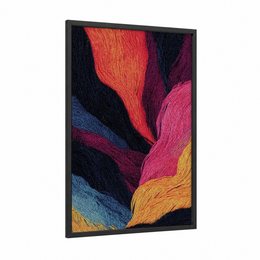 Colorful Thread Tapestry framed knitting and sewing print — black wood frame — magenta and gold palette