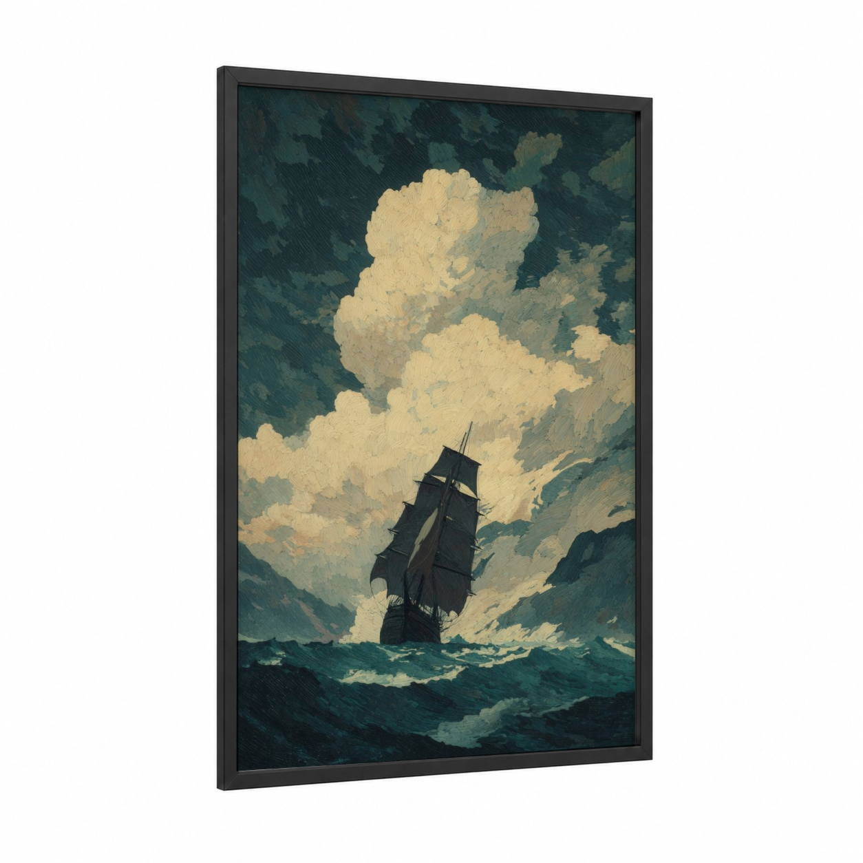 Stormy Seas Sailing framed sailing ship print — black wood frame — teal and cream palette
