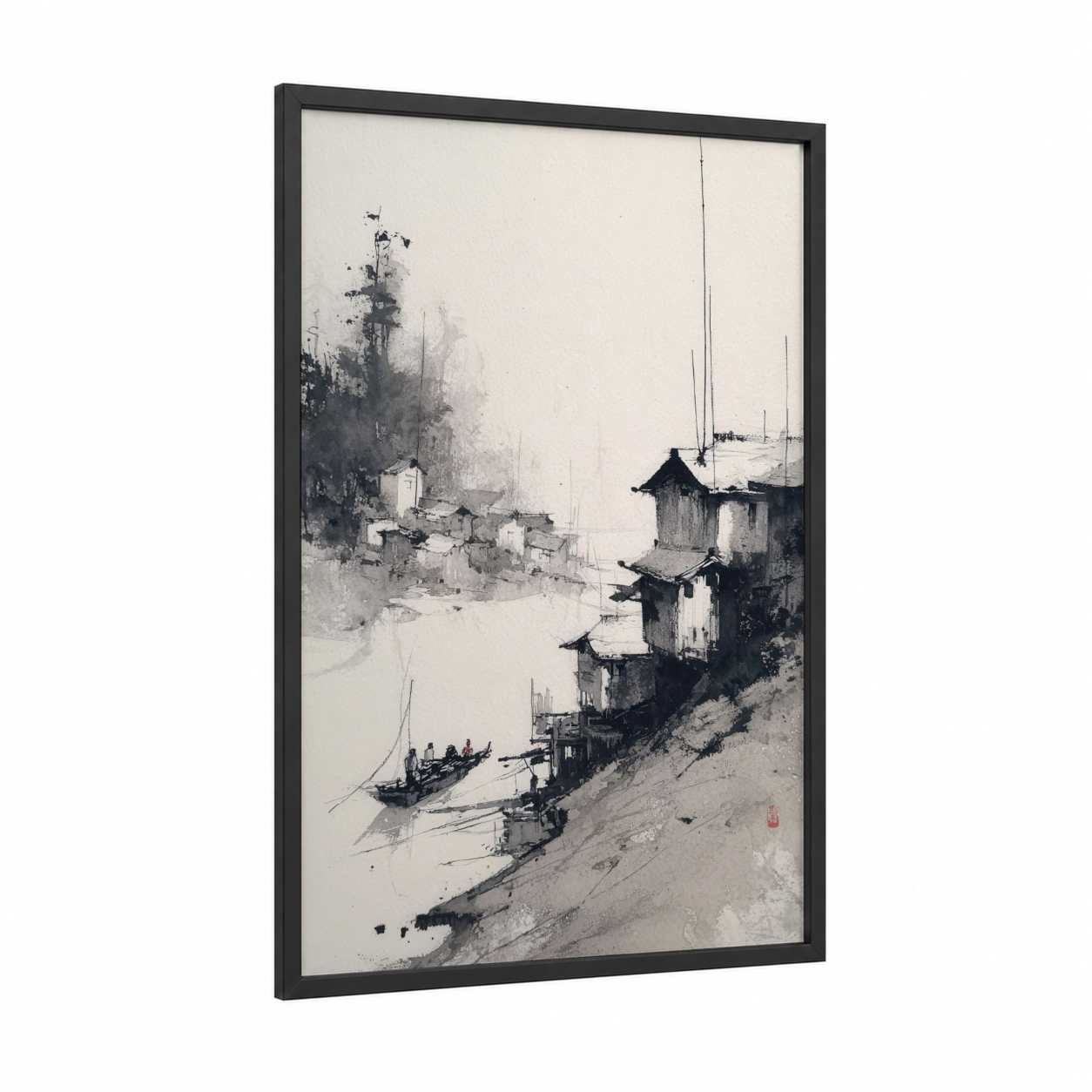 Misty Harbor Village framed beach town print — black wood frame — black and white and gray palette