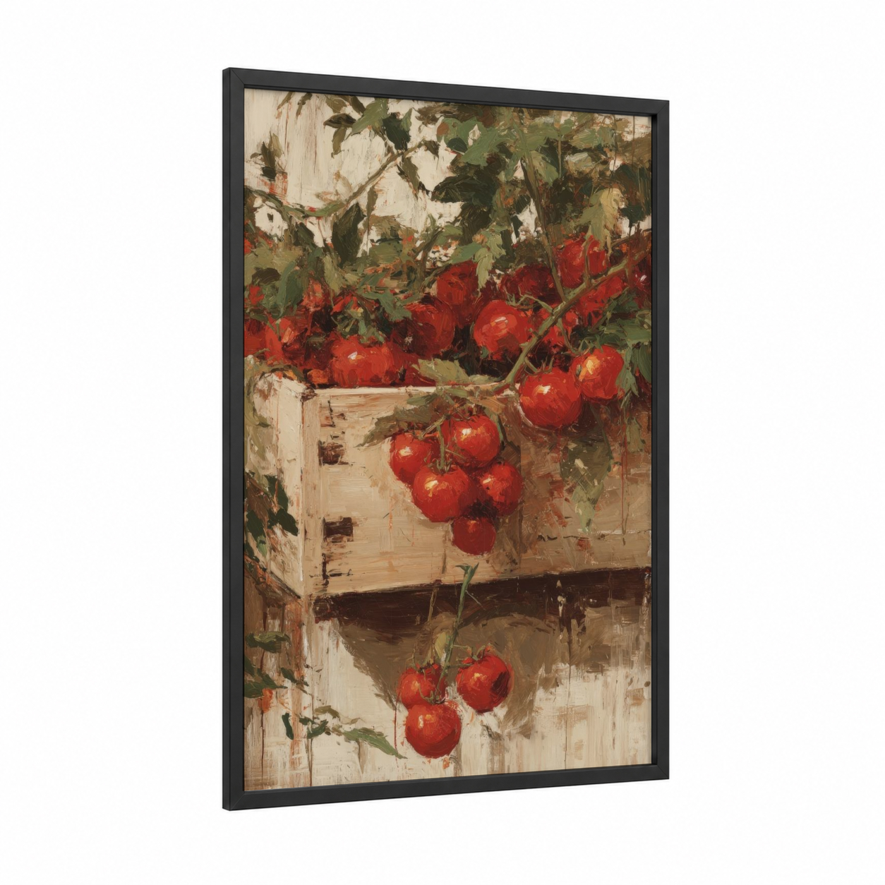 Rustic Tomato Harvest framed fruit print — black wood frame — red and cream palette