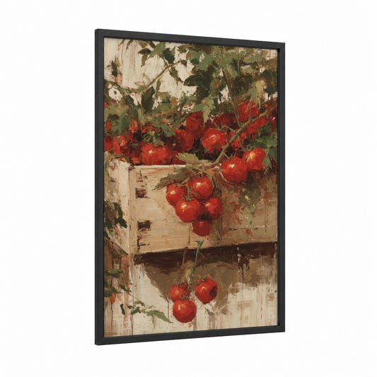 Rustic Tomato Harvest framed fruit print — black wood frame — red and cream palette
