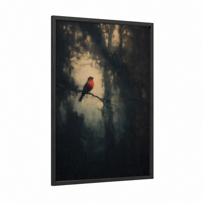 Crimson Forest Finch framed art print — black wood frame — gold and gray palette