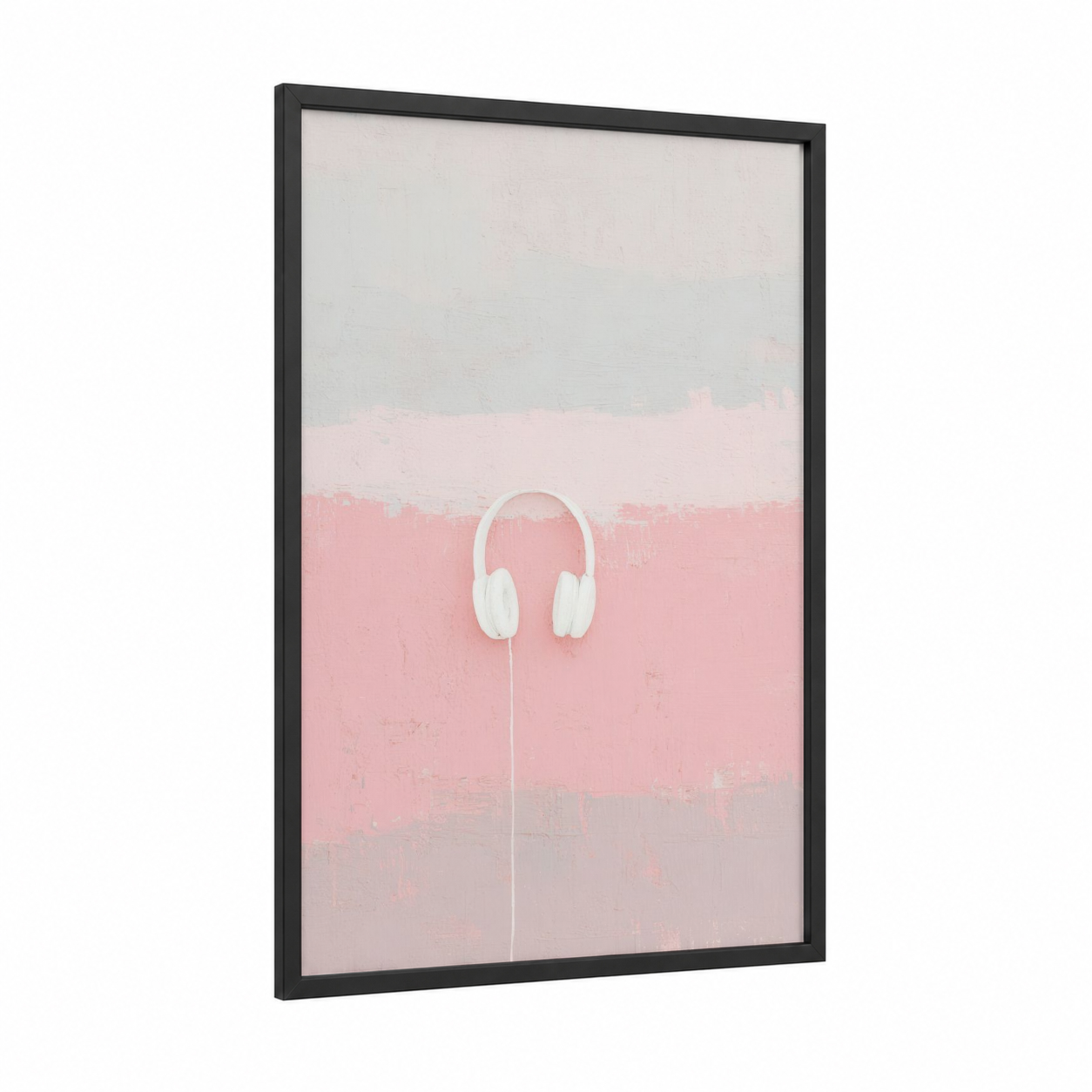 Minimalist Headphones framed art print — black wood frame — white and pink palette