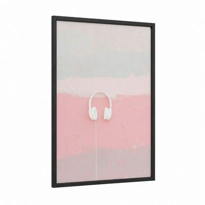 Minimalist Headphones framed art print — black wood frame — white and pink palette