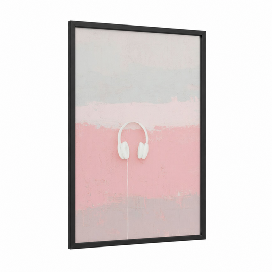 Minimalist Headphones framed art print — black wood frame — white and pink palette