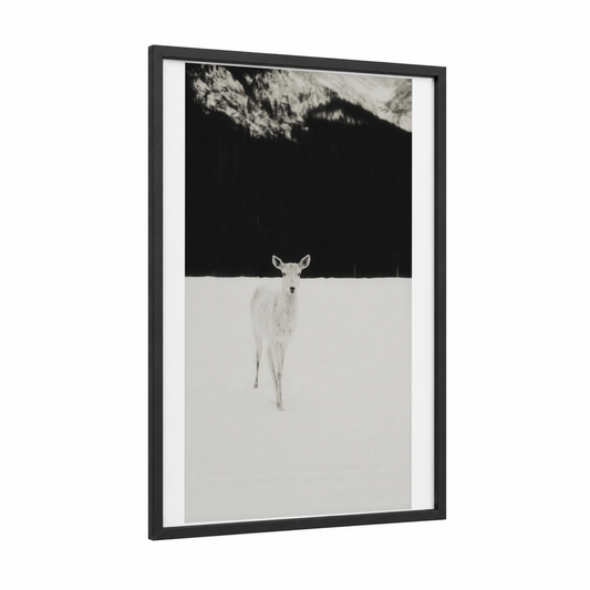 Winter Antelope framed art print — black wood frame — black and white and gray palette