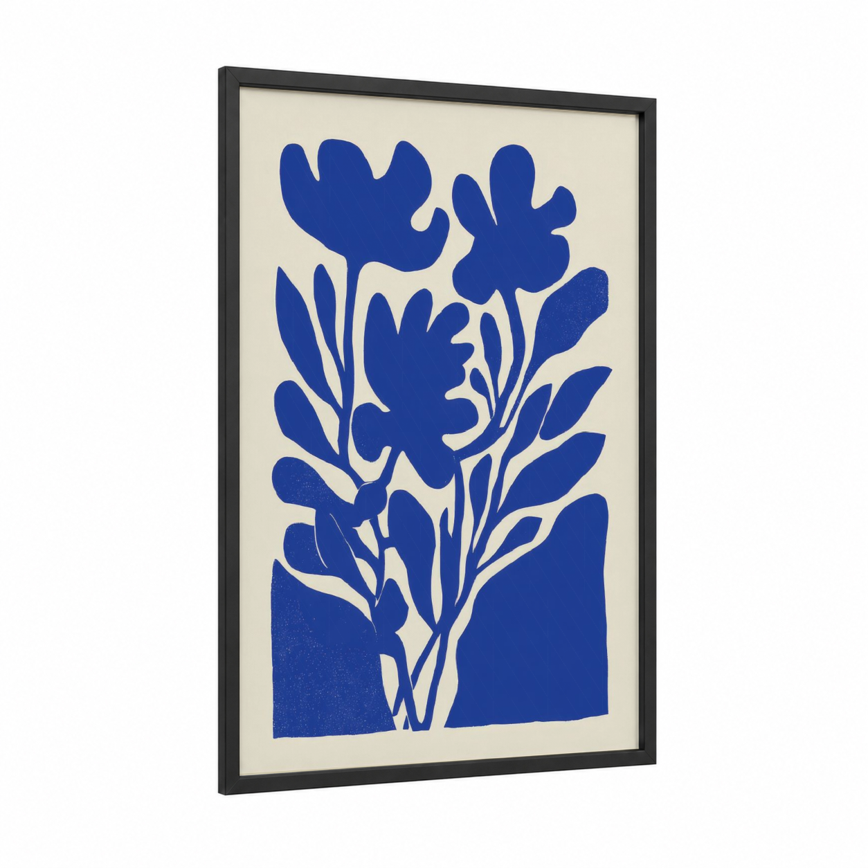 Cobalt Botanical framed abstract flower print — black wood frame — royal blue and cream palette