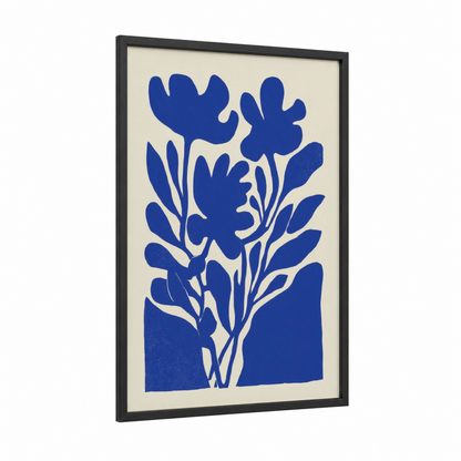 Cobalt Botanical framed abstract flower print — black wood frame — royal blue and cream palette