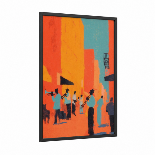 Urban Jazz Ensemble framed art print — black wood frame — orange and teal palette