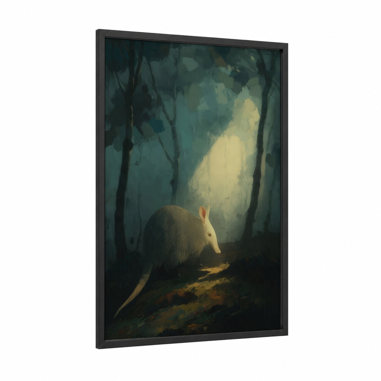 Luminous Aardvark framed art print — black wood frame — blue and gold palette