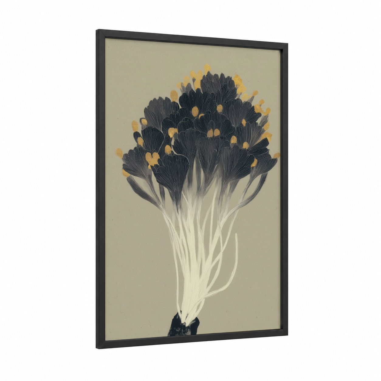 Golden Sea Anemone framed art print — black wood frame — cream and gold palette
