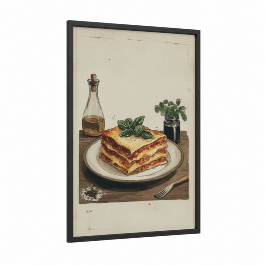 Lasagna Dinner framed pasta print — black wood frame — cream and gold palette