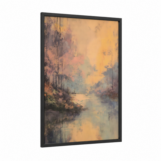 Golden Oasis framed art print — black wood frame — gold and sage green palette