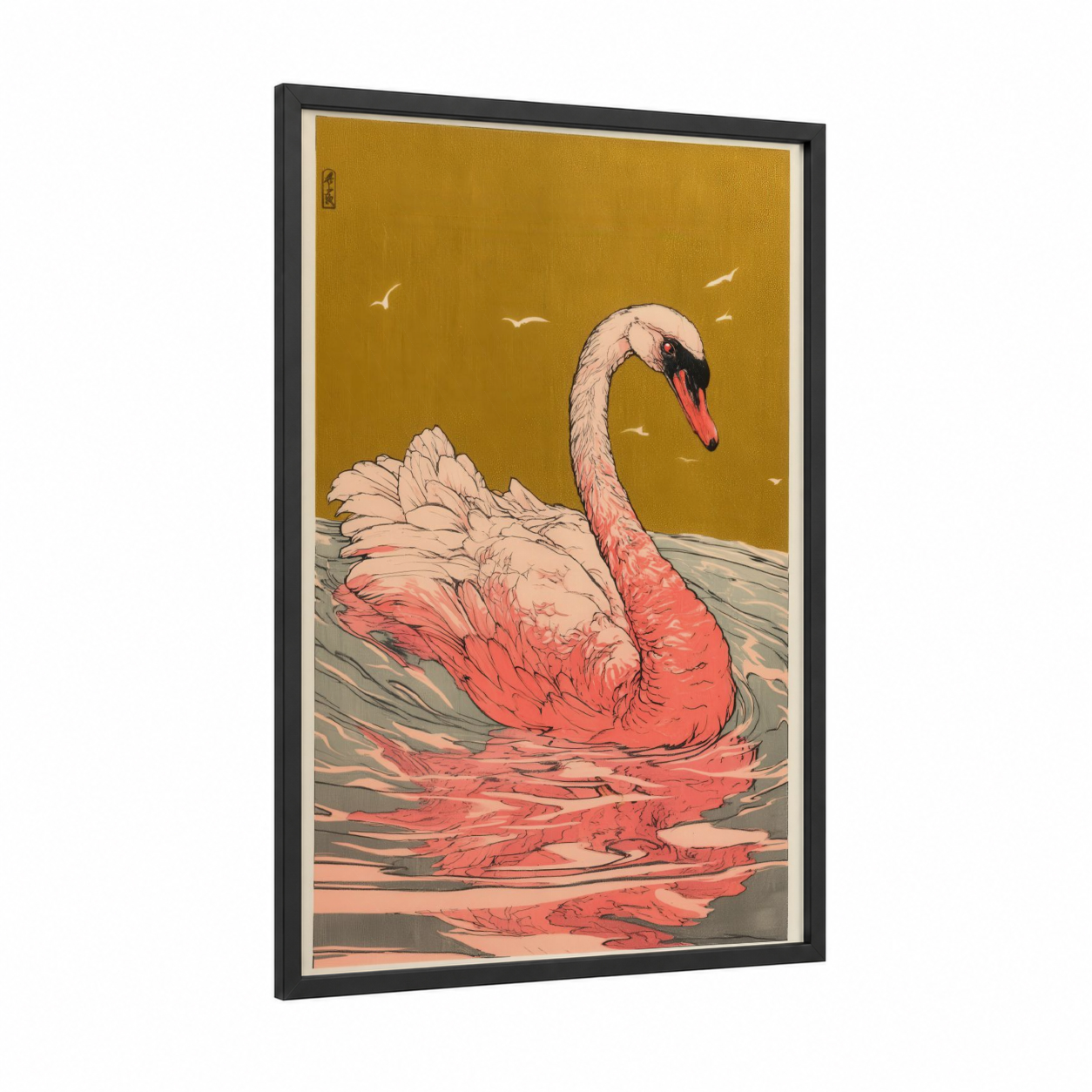 Crimson Swan framed art print — black wood frame — gold and salmon pink palette