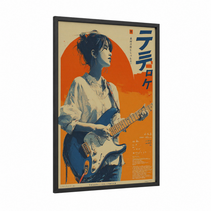 Retro Guitarist framed vintage japanese ads print — black wood frame — pumpkin and dark blue palette