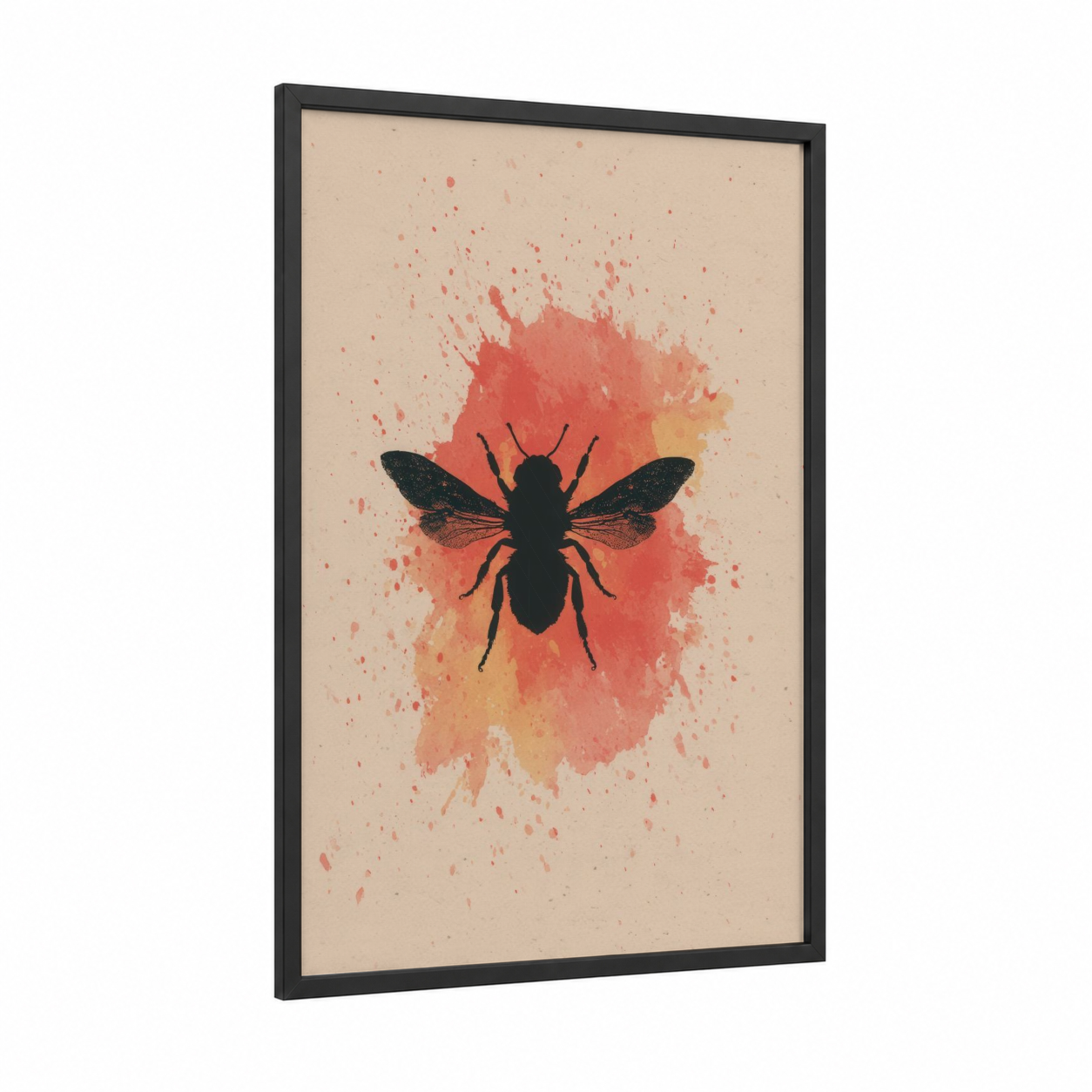 Watercolor Bee framed art print — black wood frame — salmon pink and yellow gold palette