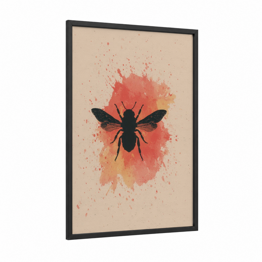 Watercolor Bee framed art print — black wood frame — salmon pink and yellow gold palette