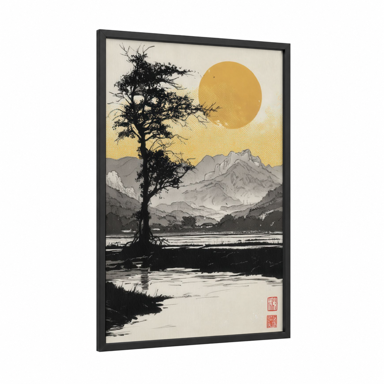 Golden Mountain Sentinel framed various landscapes print — black wood frame — black and gold and gray and white palette