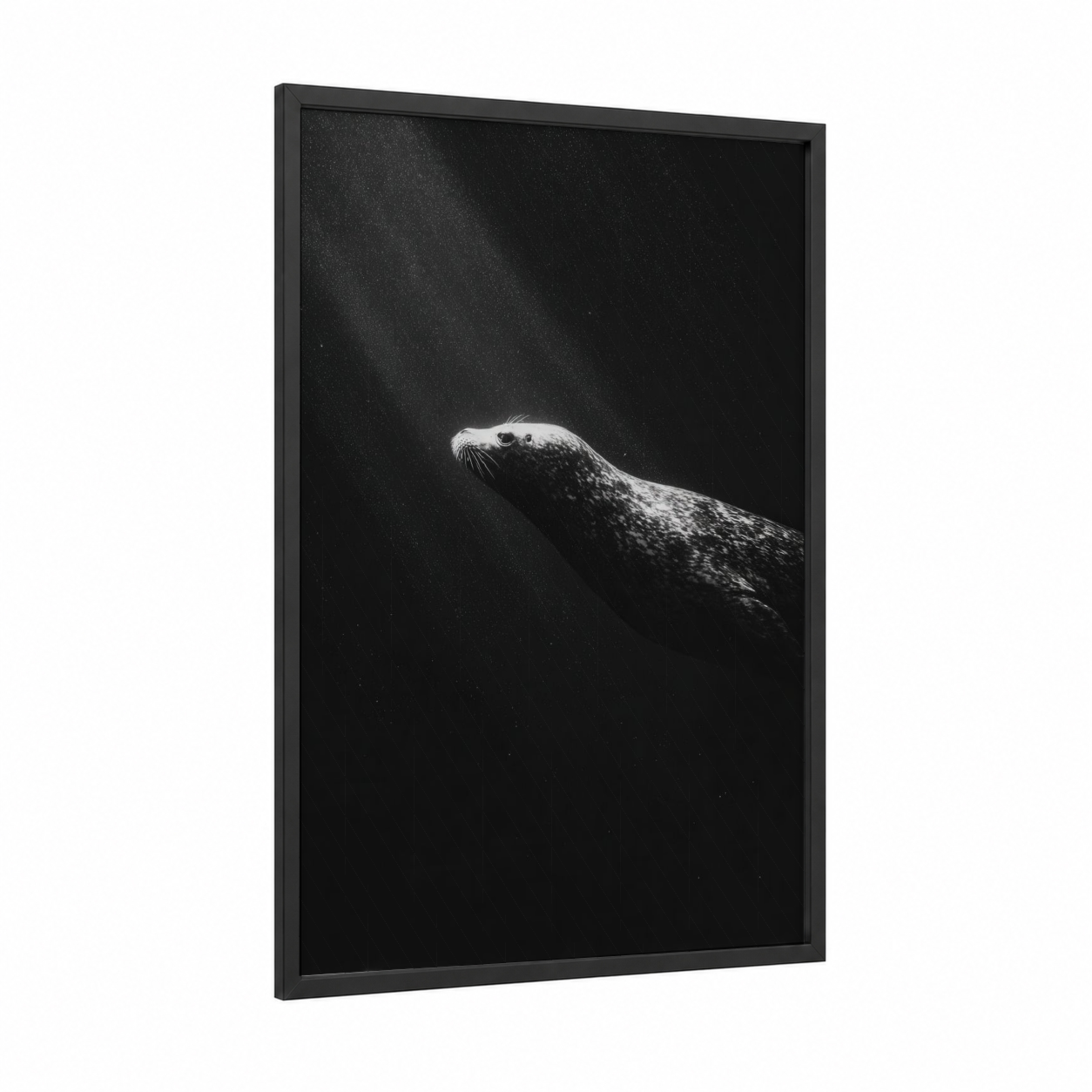 Ethereal Seal framed art print — black wood frame — black and white palette