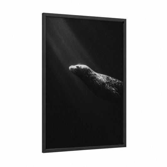 Ethereal Seal framed art print — black wood frame — black and white palette
