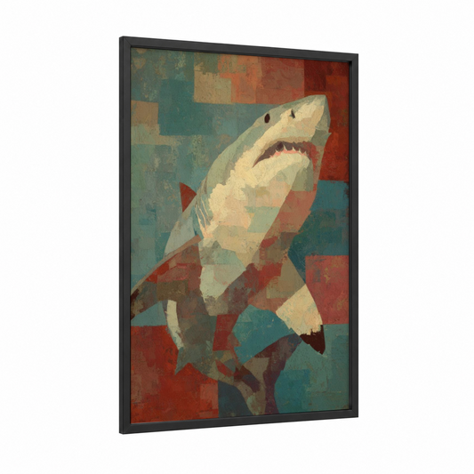 Abstract Shark framed great white shark print — black wood frame — teal palette