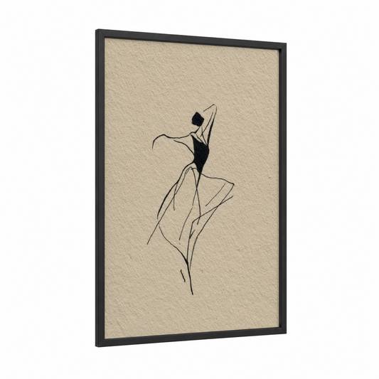 Expressive Zumba Dancer framed art print — black wood frame — beige and black palette