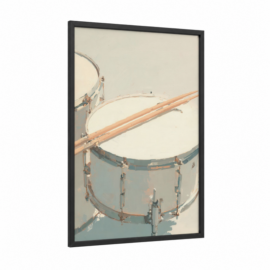 Vintage Drum Kit framed drums print — black wood frame — cream and gray palette