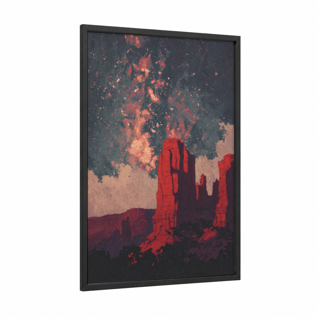 Crimson Cliff Cosmos framed art print — black wood frame — red and black and gold palette