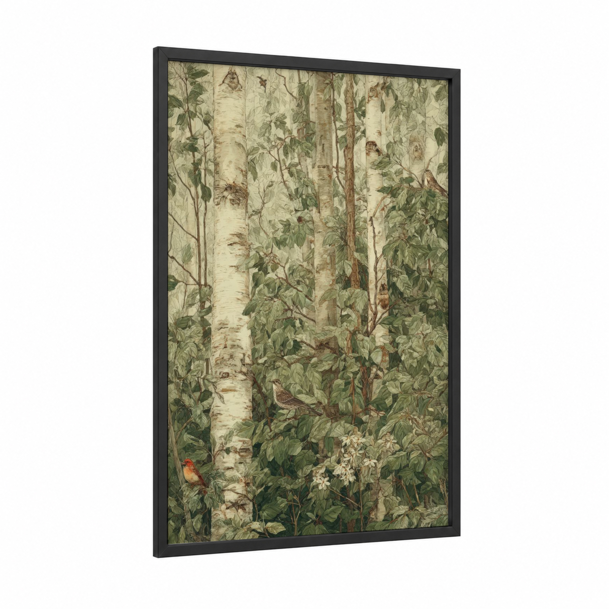 Birch Forest Birds framed art print — black wood frame — cream and true green palette