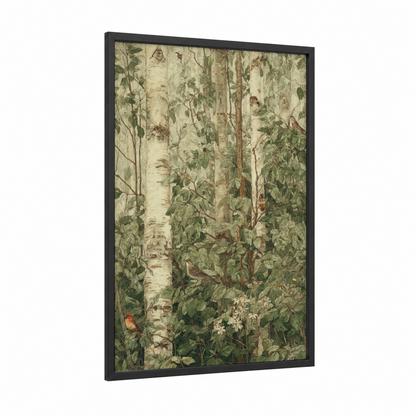 Birch Forest Birds framed art print — black wood frame — cream and true green palette
