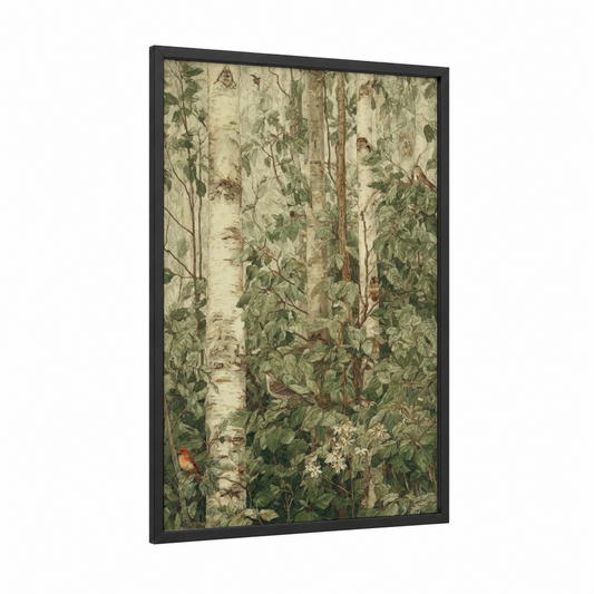 Birch Forest Birds framed art print — black wood frame — cream and true green palette