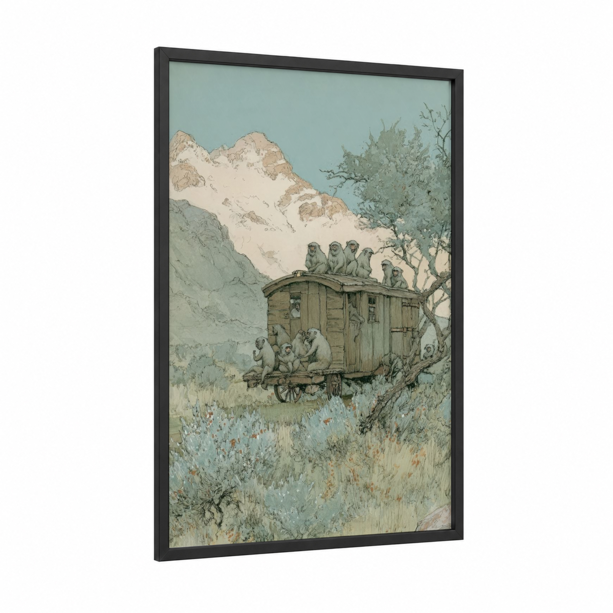 Mountain Caravan Monkeys framed art print — black wood frame — sage green and cream palette